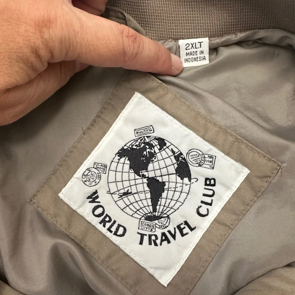 Vintage World Travel Club Jacket Men's 2XLT Bomber Full‎ Zip Lightweight Brown